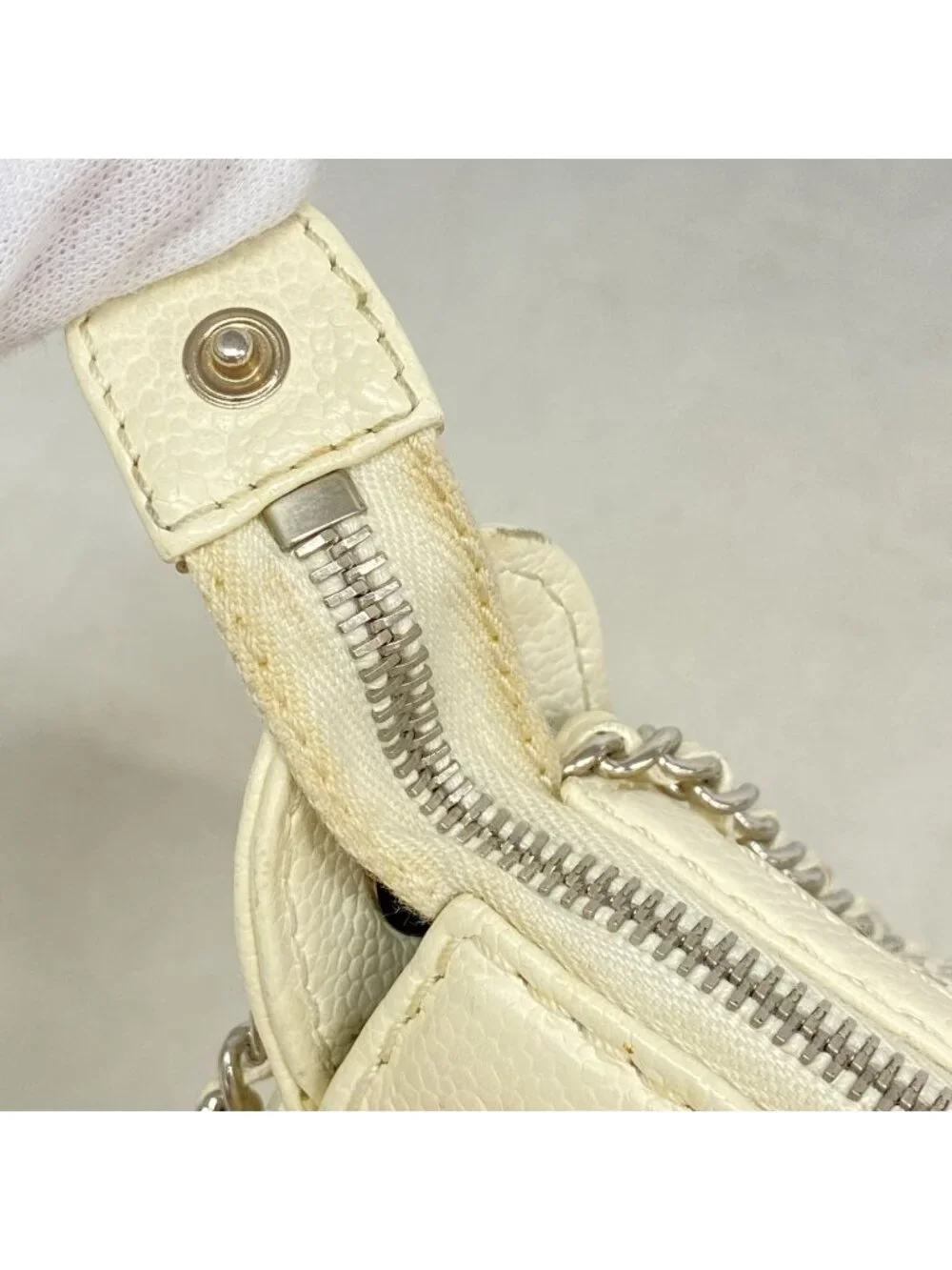 Chanel Shoulder Bag Perforated Leather Ivory Silver